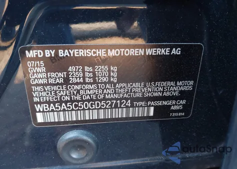 2016 BMW 528I из США, поврежденный, VIN WBA5A5C50GD527124